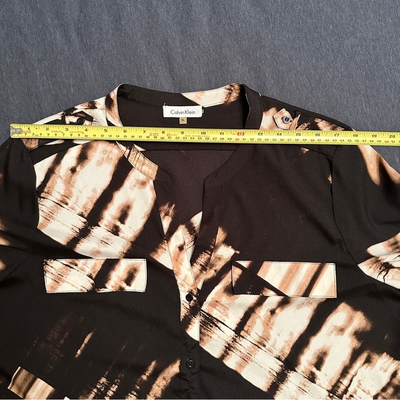 Calvin Klein Modern Graphic Top Blouse XL Multicolor Long Roll Tab Sleeve Black - Picture 4 of 14
